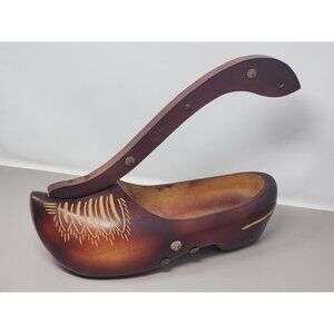 Vintage Dutch Clog Wine Bottle Holder Caddy Hand Carved Painted‎ Wooden Shoe